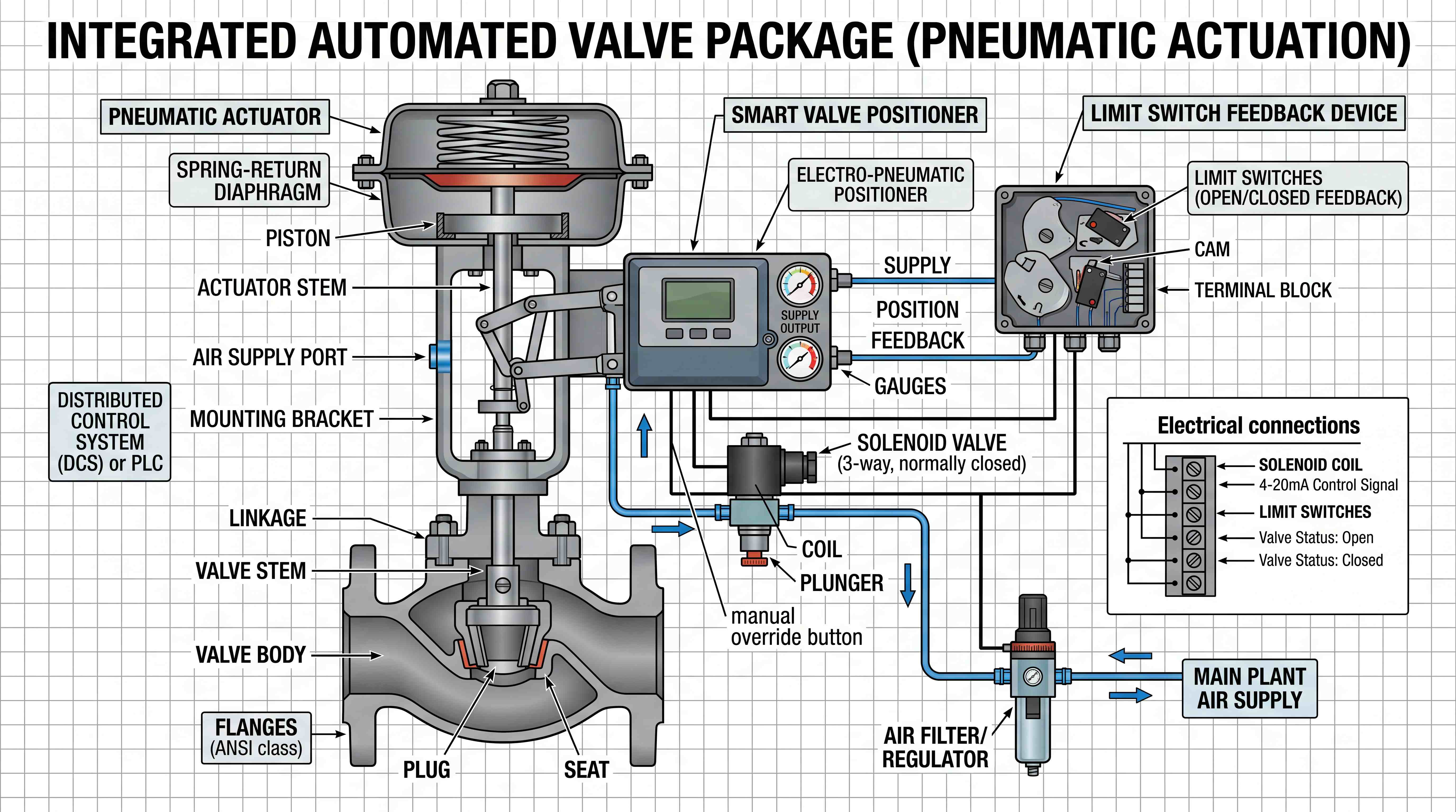 Integrated automated valve package showing pneumatic actuator, smart positioner, solenoid valve and limit switch feedback device